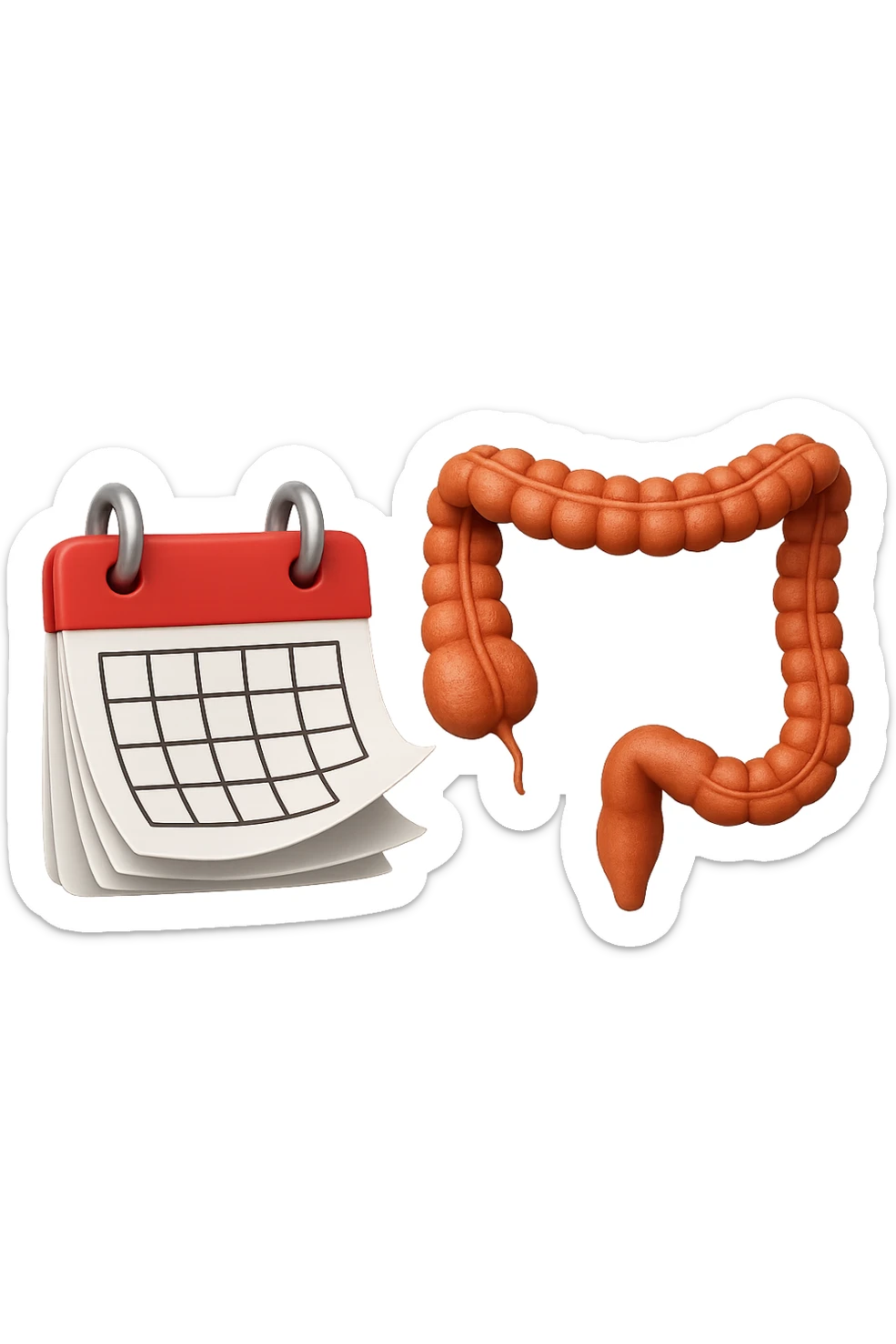 emoji stile iphone di un calendario con fogli che volano insieme a pezzi anatomici di colon umano, iperrealistico 4k, isolato su sfondo bianco sticker