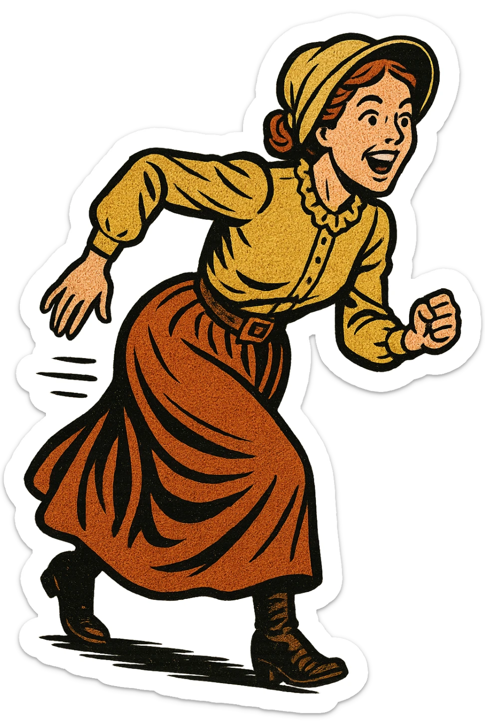 The full body of A female 1860s American settler in the American West looking excited and about to start a race sticker