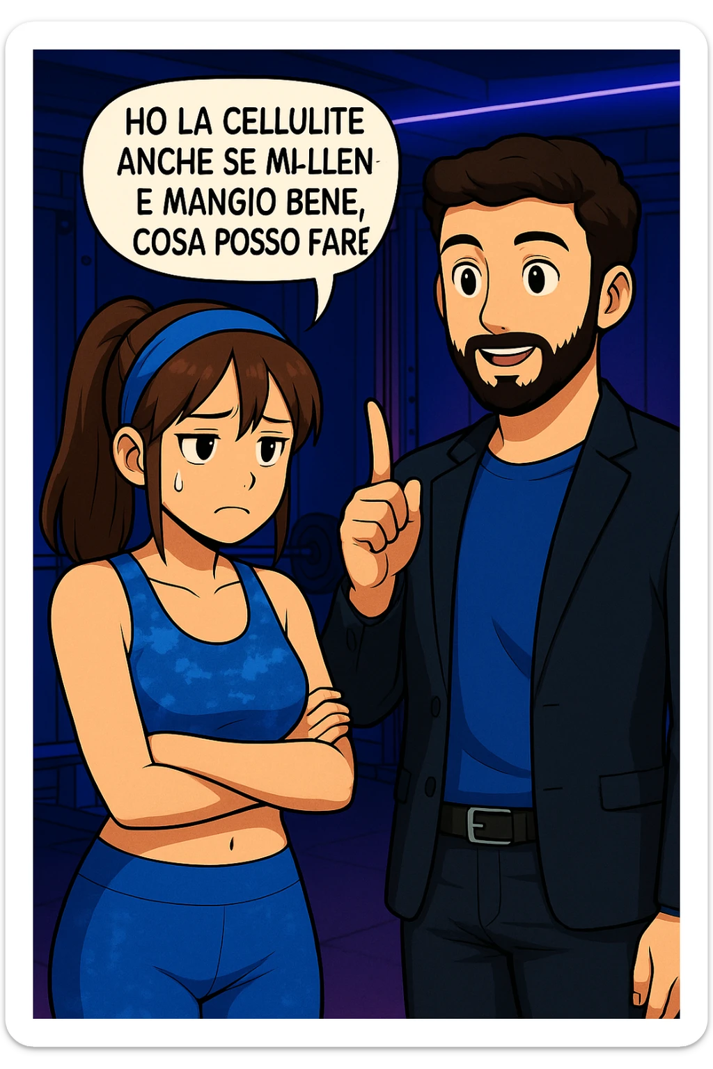 PRENDI SPUNTO DA QUESTO STILE E FAI SOLO IL PRIMO FUMETTO DETTO DA LEI, TUTTI GLI ALTRI DIALOGHI LI FA LUI:

LEI: Ho la cellulite anche se mi alleno e mangio bene, cosa posso fare?

LUI: Hai controllato il tuo baricentro corporeo?
LUI: Sapevi che se il peso del tuo corpo cade in avanti o da un lato, c’è un disallineamento fra bacino e torace, che comprimendo le coste, limita la motilità del diaframma e l’ossigenazione dei tessuti?
LUI: Il mio è il primo e unico percorso che lavora sugli inestetismi con un lavoro mirato sul baricentro corporeo. sticker