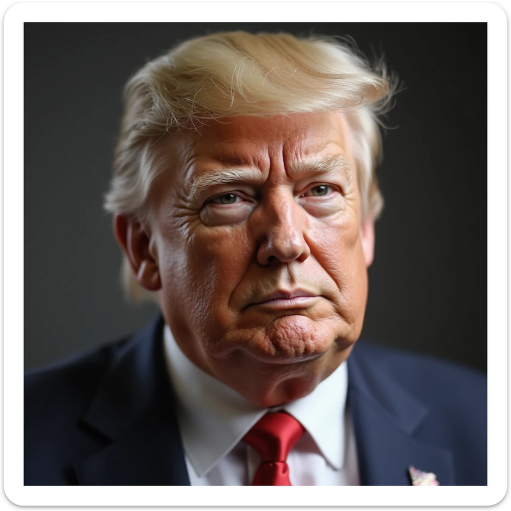 Donald Trump, ultra-realistic, indistinguishable from a real photograph, true-to-life skin and features, signature hair, very sly and foxy look, plain background, subtle emoji polish sticker
