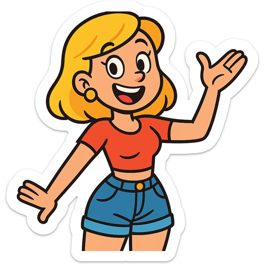 cartoon-style blonde woman with gold earrings, a crop top shirt, and jean shorts, looking cheerful, vibrant toon style, colorful, cheerful sticker
