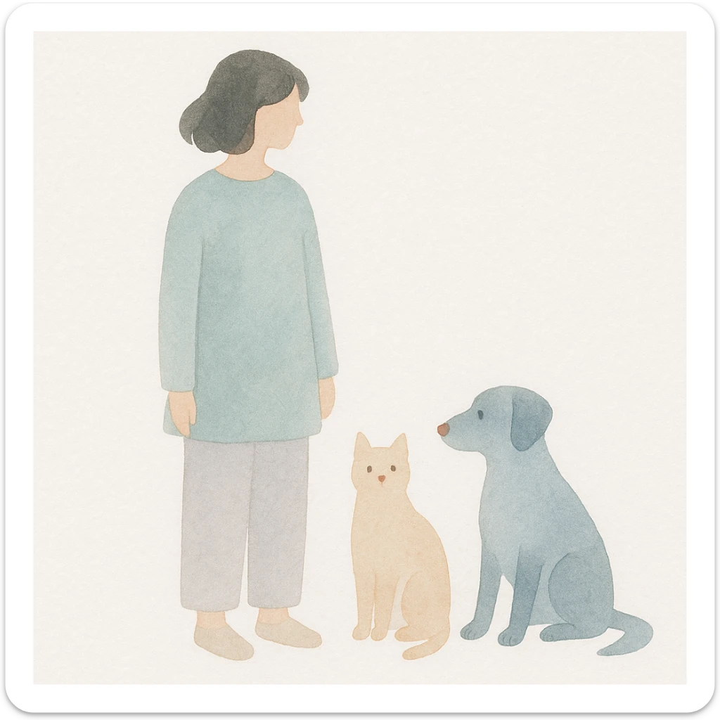 a woman standing with a cat and a dog near her on the right side, watercolor art style illustration sticker