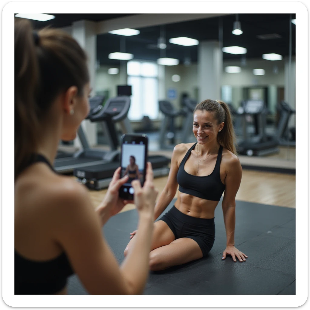 sporty woman in shorts and top in gym, doing abdominal exercises on mat, recording video check with smartphone for coach, gym with mirrors and equipment, hyperrealistic details, 4K sticker