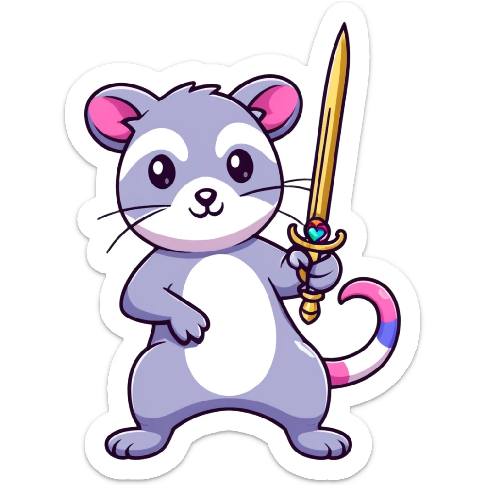 A rainbow-colored possum in heroic pose holding a jewel-encrusted sword, with glitter, hearts, and neon colors sticker