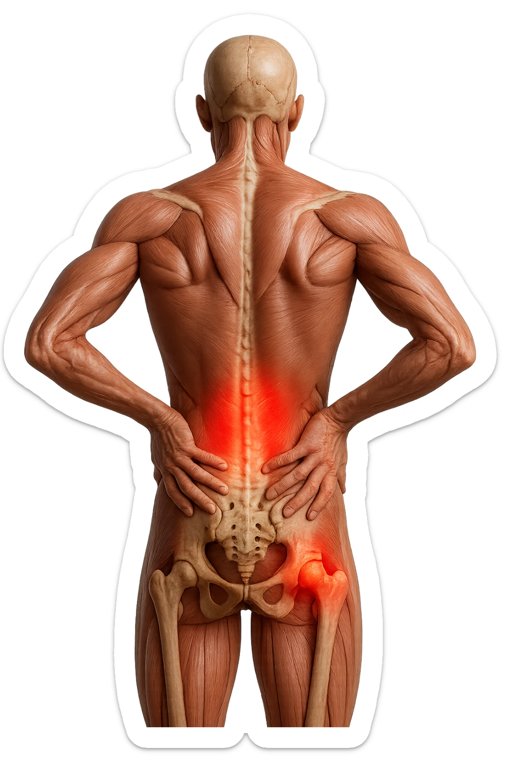 CORPO UMANO ANATOMICO REALISTICO DI SPALLE CON DOLORE ALLA LOMBARE INFIAMMATA, DOLORE ALL'ANCA, IPERREALISTICO 4K sticker