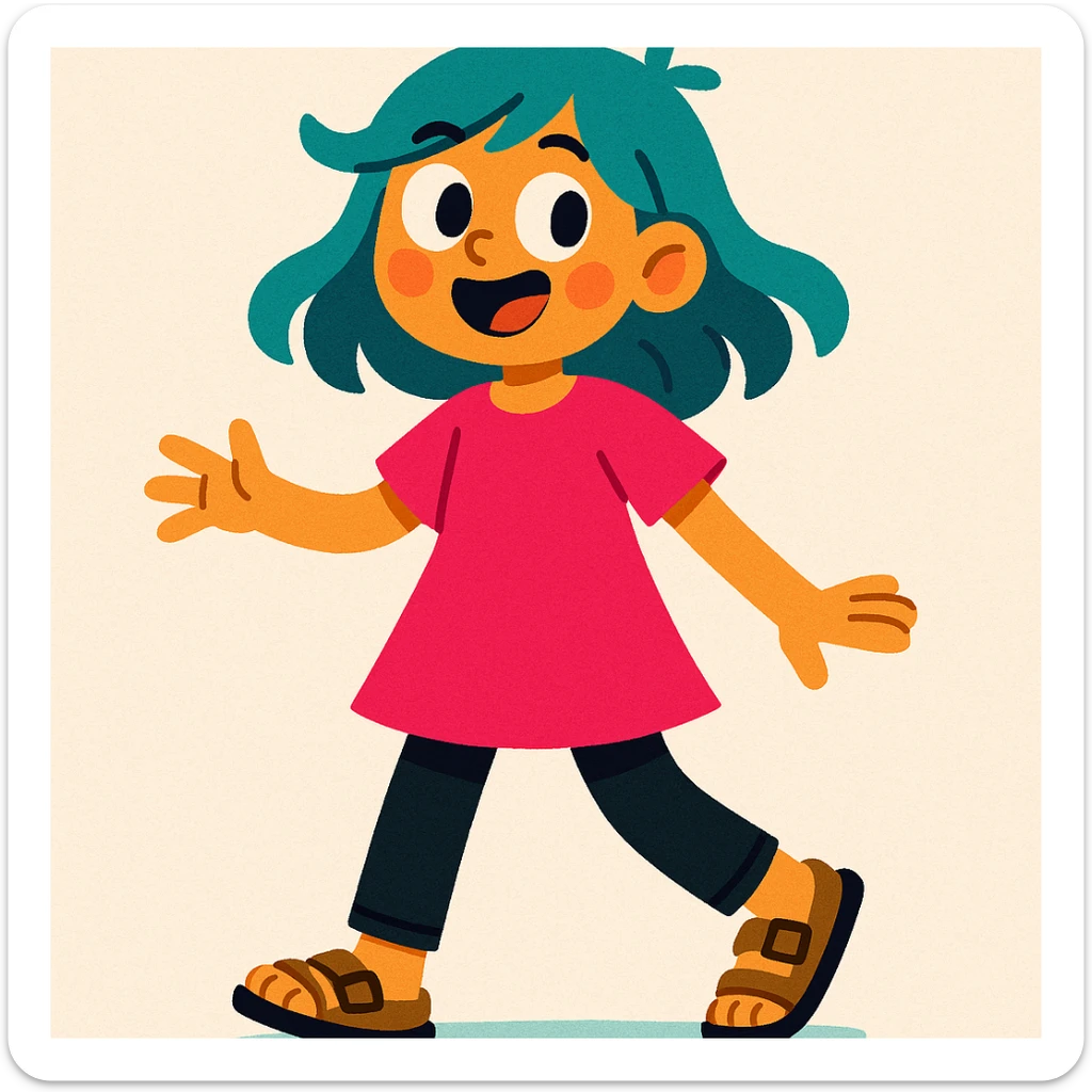 full body girl with teal hair, wearing a hot pink dress, black jeans, and brown birkenstocks, vibrant, expressive sticker