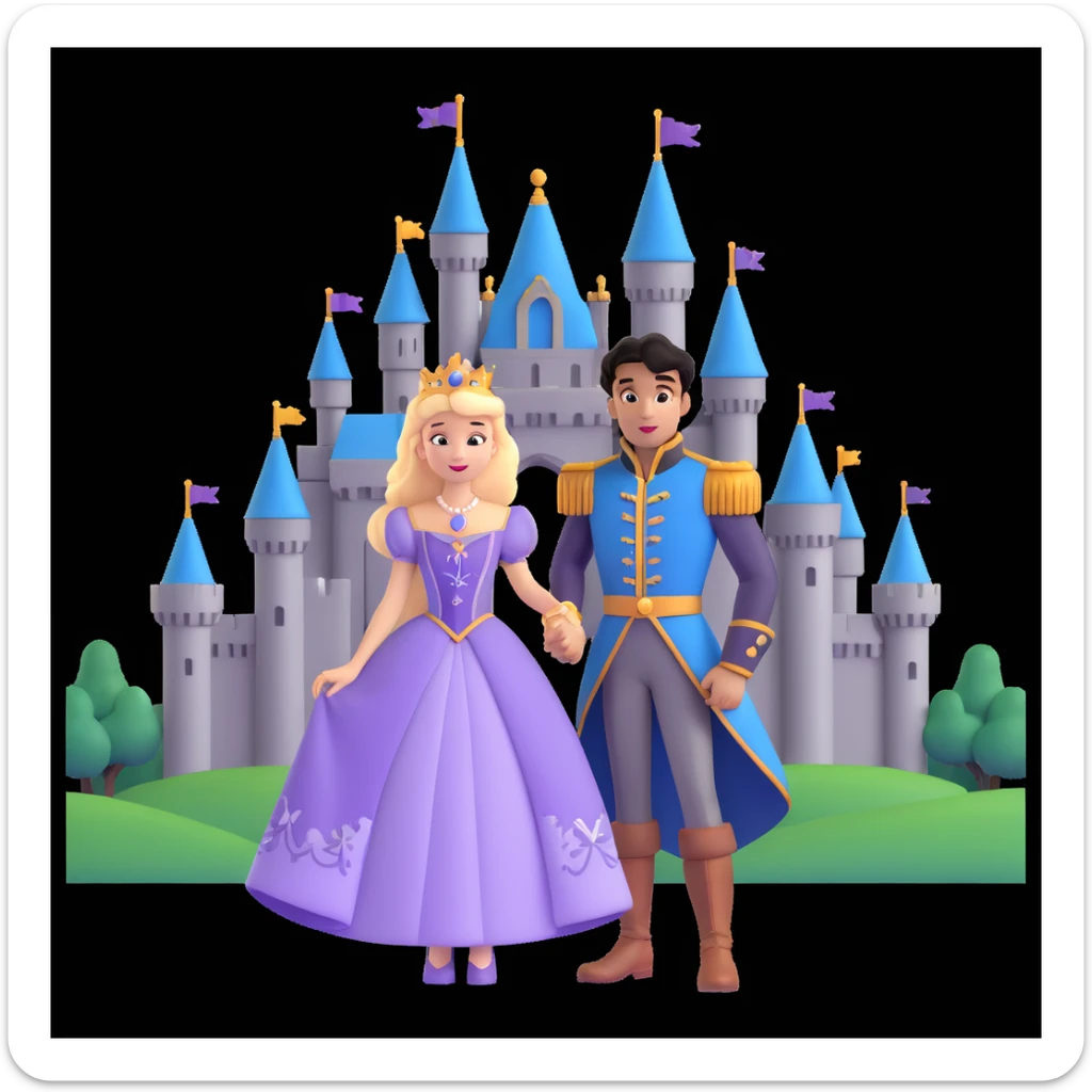prince and princess Disney dress close up photo in castle background sticker