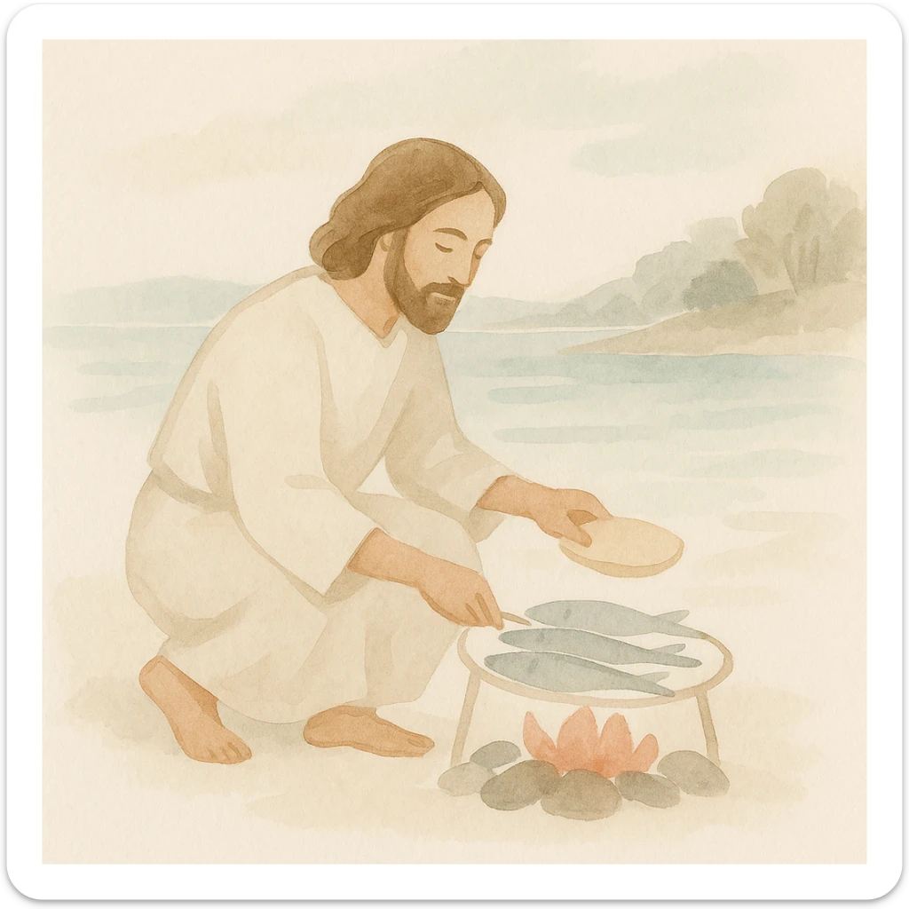 Jésus préparant un barbecue de poissons et de pain pour ses disciples, Jean 21, style aquarelle, atmosphère paisible au bord du lac sticker