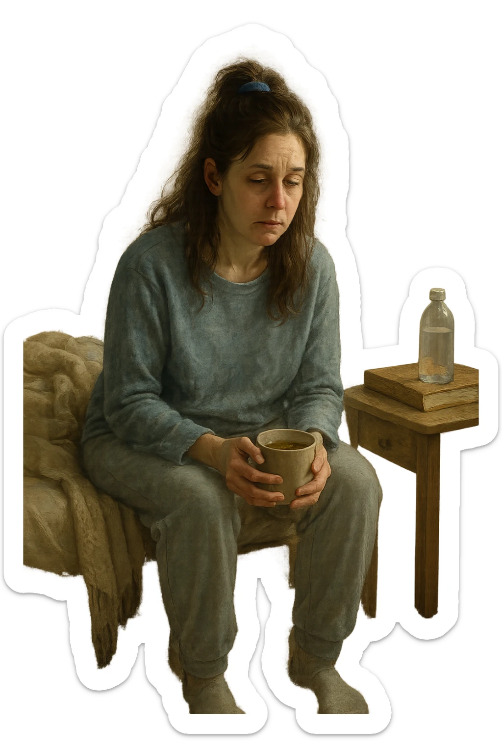 A realistic, cinematic illustration of a woman in her early 30s with a tired, pale appearance, sitting on the edge of her bed in a softly lit bedroom during the morning, looking exhausted and drained. Her posture is slightly slouched, and dark circles are visible under her eyes. She wears comfortable loungewear, holding a warm cup of herbal tea in her hands, seeking comfort. The scene includes a cozy yet slightly messy room with a blanket, a water bottle, and a book on the nightstand, emphasizing chronic fatigue. Soft natural light comes through the window, highlighting her expression of persistent tiredness despite rest, capturing the invisible struggle of chronic fatigue syndrome while maintaining dignity and a gentle aesthetic. sticker
