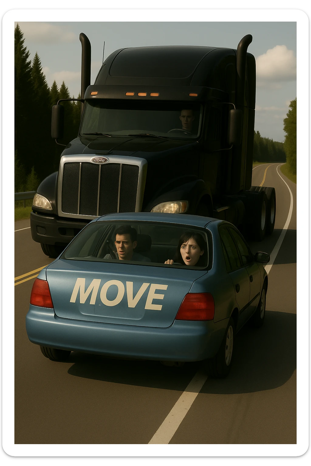 Remove the trailer from the black semi truck, keep the rest of the scene the same, with a person visible in the car in front. sticker