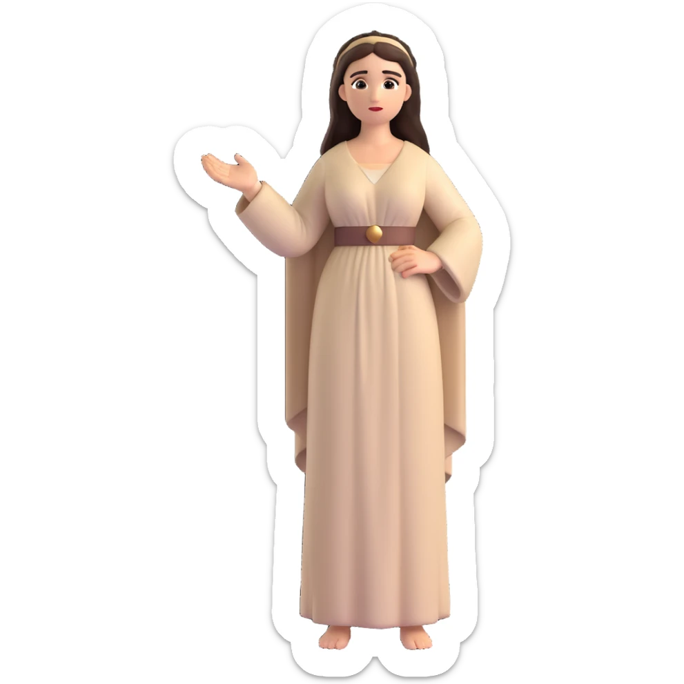 fullbody Mary Magdalene, fit and buxom body, very pretty detailed face, normal height, plain light tan biblical dress, arms down with hands by hips, dark hair sticker