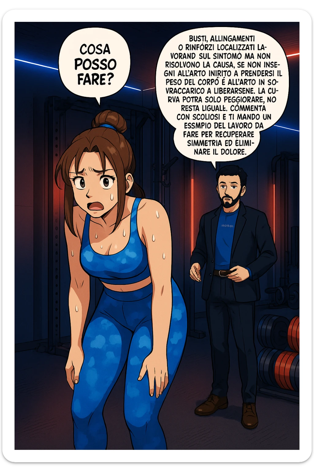 ispirati a questo stile di disegno e fai questa immagine in versione manga/webtoon a colori, il manga mostra la donna preoccupata che chiede: "COSA POSSO FARE?" E L'UOMO CHE RISPONDE: Busti, allungamenti o rinforzi localizzati lavorano sul sintomo ma non risolvono la causa. Se non insegni all’arto inibito a prendersi il peso del corpo e all’arto in sovraccarico a liberarsene, la curva potrà solo peggiorare; non resta uguale. Commenta con scoliosi e ti mando un esempio del lavoro da fare per recuperare simmetria ed eliminare il dolore. sticker