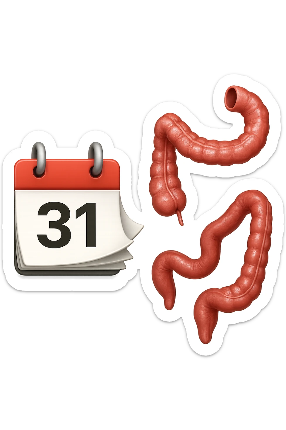 emoji stile iphone di un calendario con fogli che volano insieme a pezzi anatomici di colon umano, iperrealistico 4k, isolato su sfondo bianco sticker