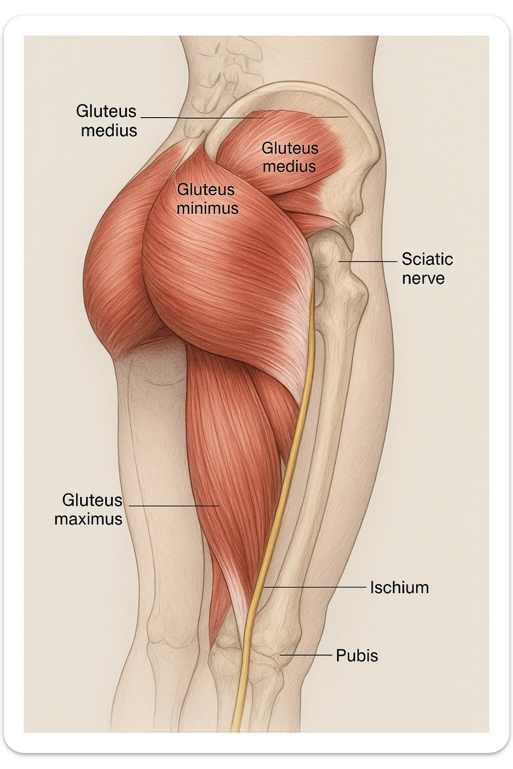 Anatomical view of the female gluteus with highlighted muscles, pelvic bones, and sciatic nerve inspired by the reference photo. Render in a detailed medical style with a neutral background. sticker