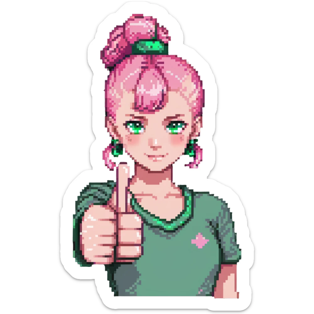 girl with pink topknot haircut and green eyes giving a thumbs up sticker