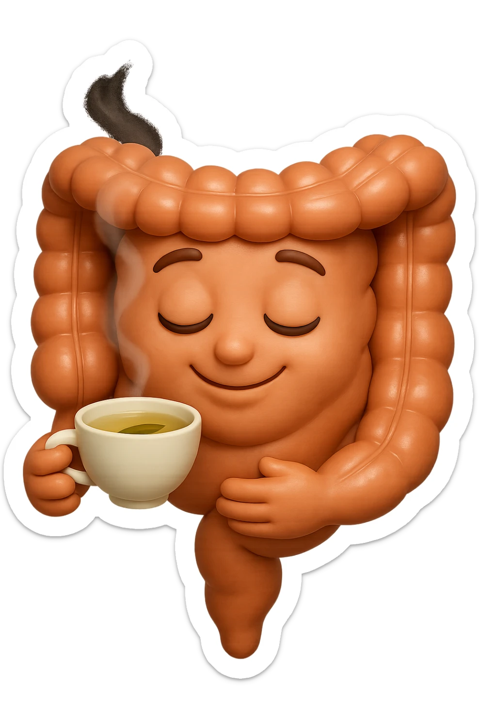 emoji stile iphone 3d di intestino umano sereno che si tocca la pancia mentre sorseggia un thè alle erbe, iperrealistico 4k sticker
