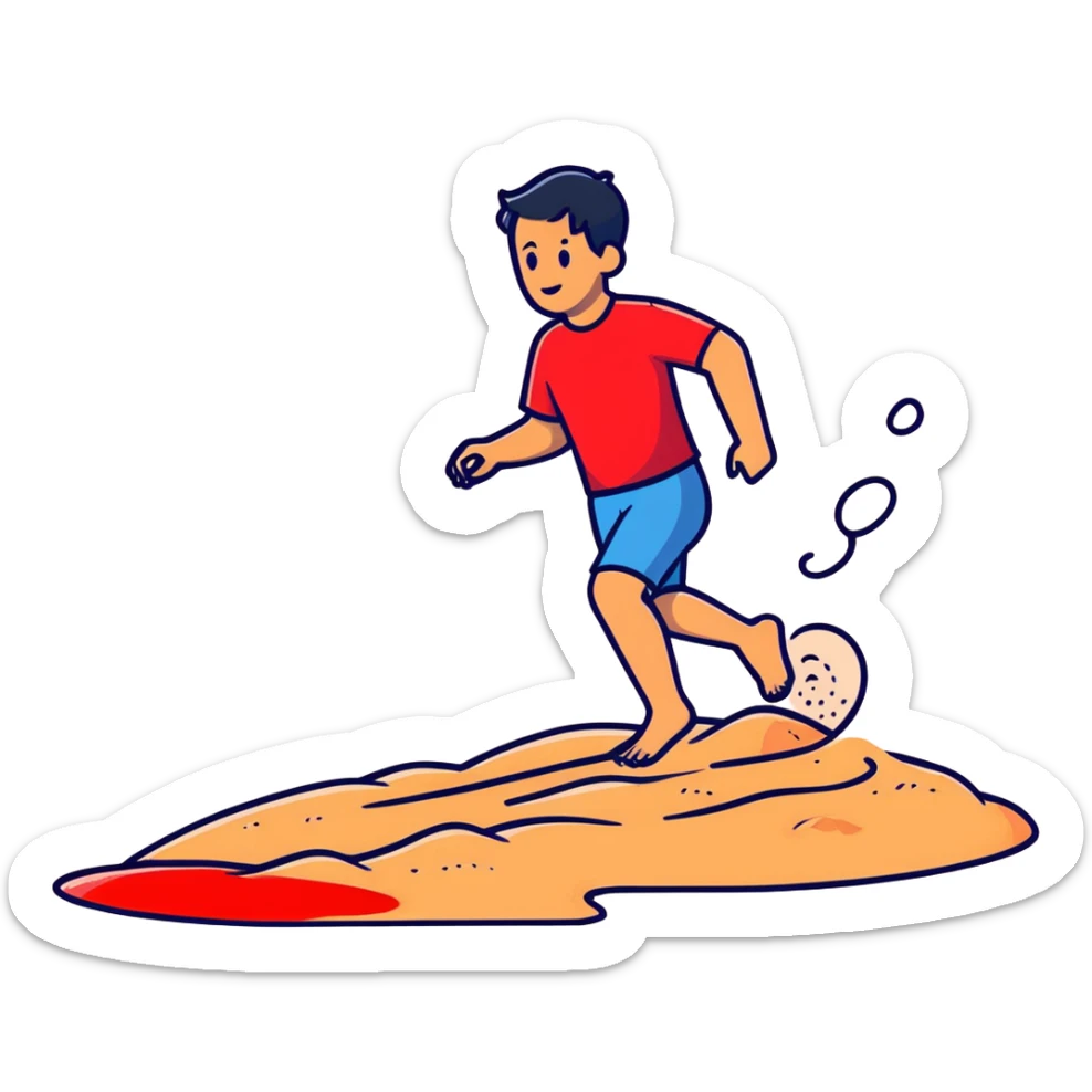 person hopping on hot beach sand with red pain marks on foot and steam rising from the sand sticker