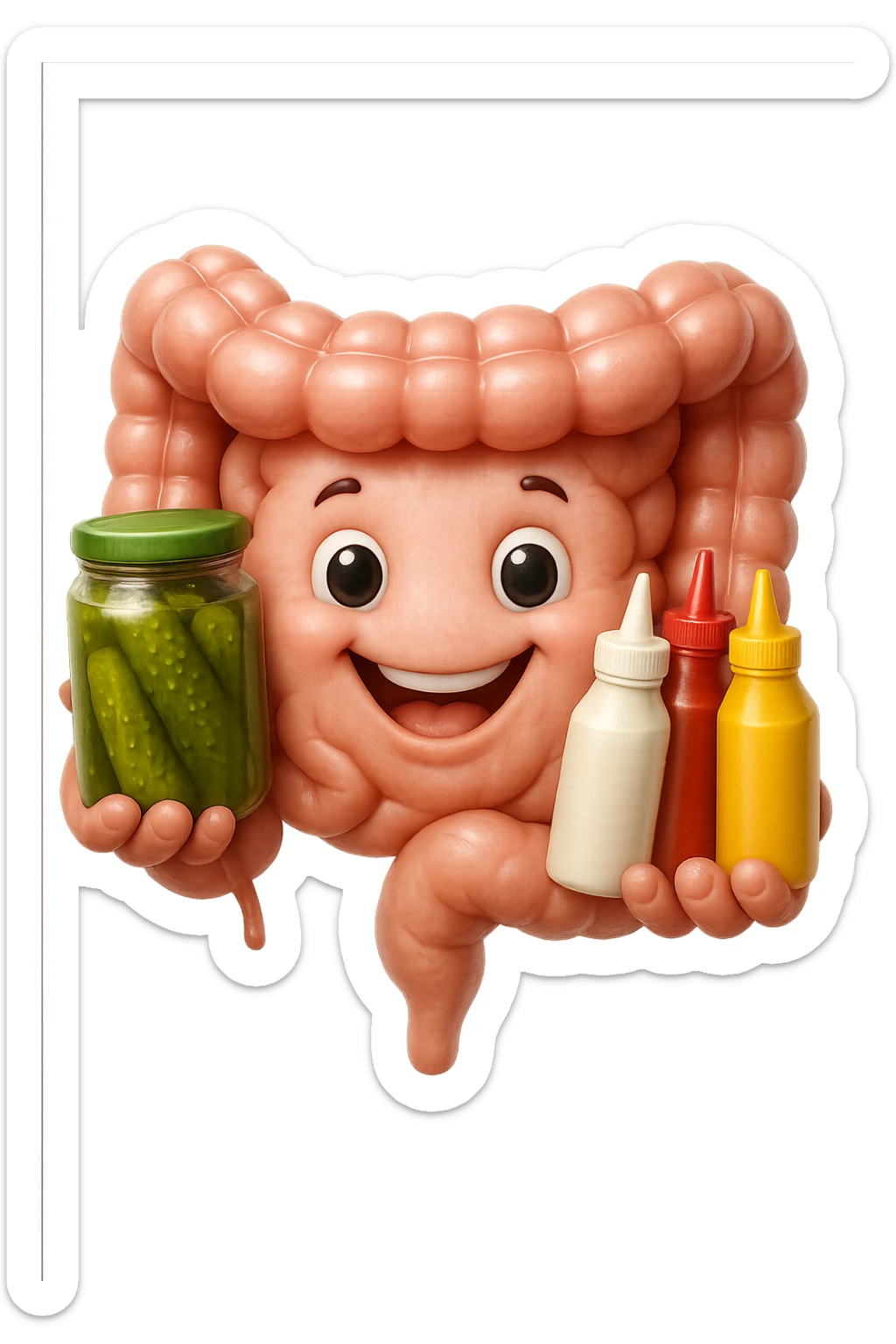 emoji stile iphone di intestino umano con espressione felice mentre tiene in mano cetriolini sottaceto, maionese, salsa barbecue, salsa, senape realistica
IPERREALISTICO 4K sticker