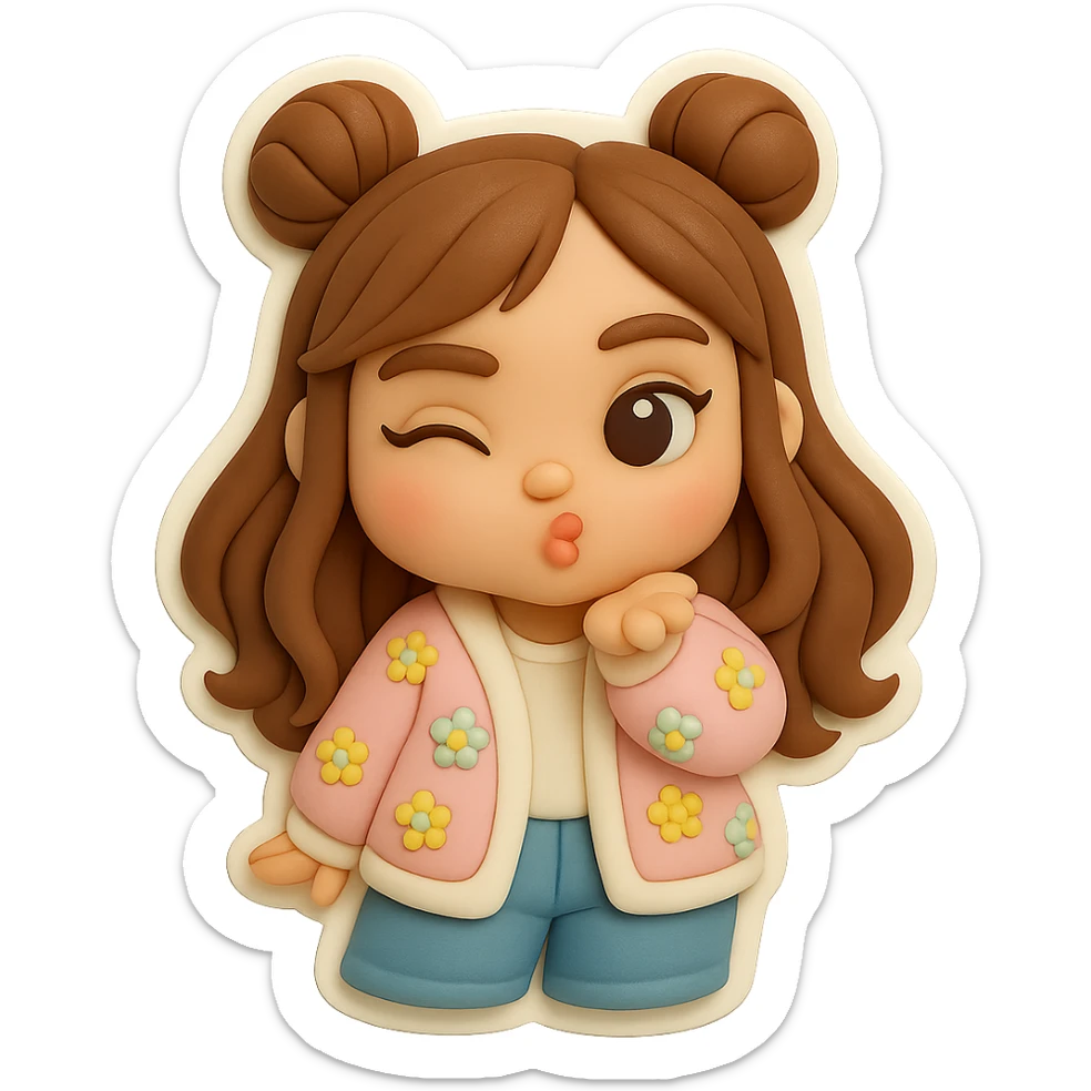3D chibi fondant cake art style, high-quality rendering with smooth shadows and soft gradients. Girl based on reference image with preserved facial features and eye shape, long brown hair in two space buns, brown eyes, jeans, pastel floral cardigan, thick white outline like a sticker. Blowing a kiss and winking. Transparent background. Ensure the face, hairstyle, and eye shape match the reference exactly. sticker