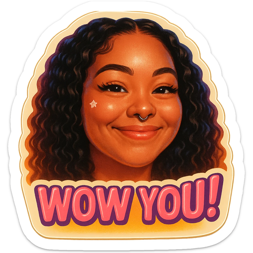 excited smile with mouth closed 
add the words W You! in pink sticker