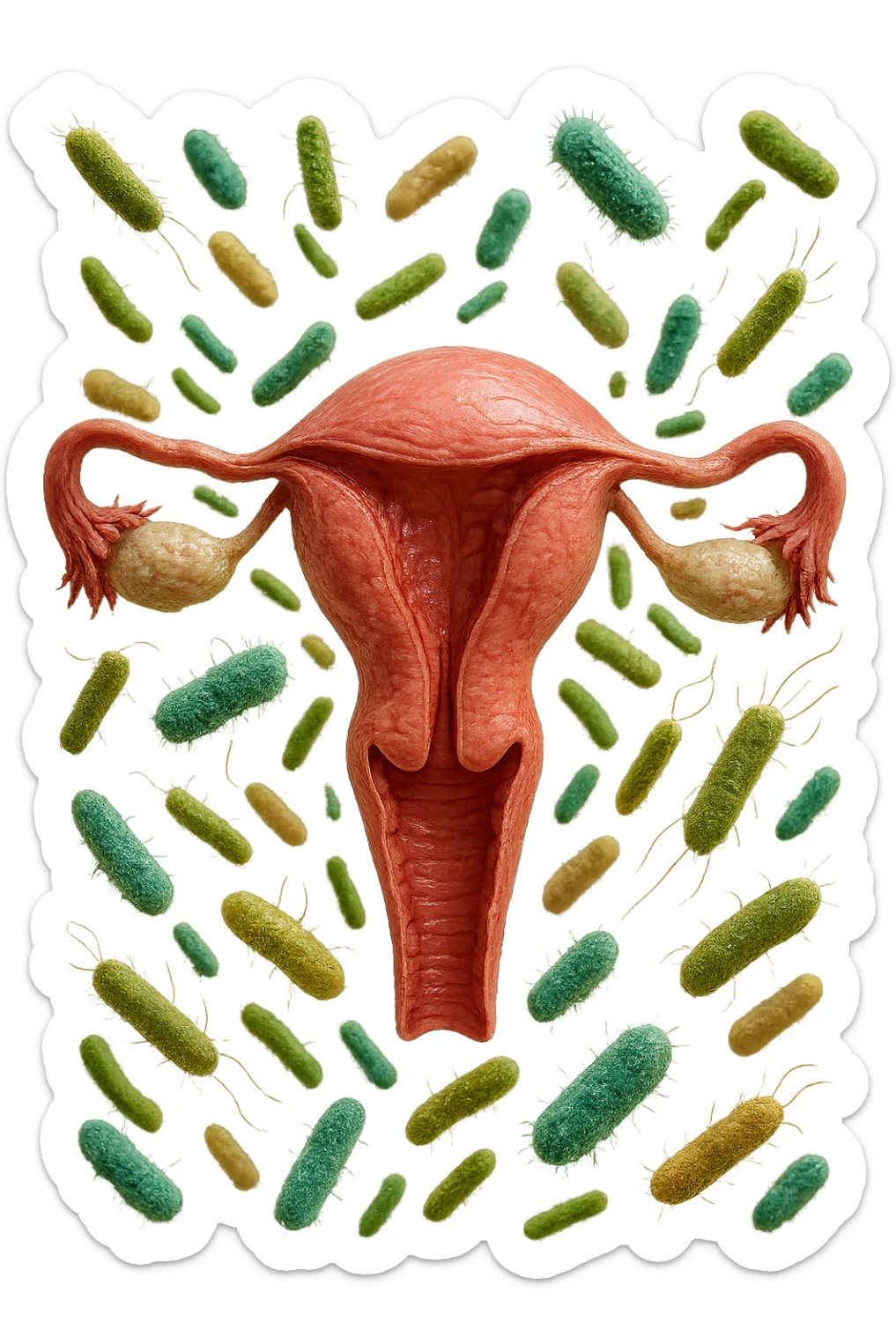 batteri intestinali fluttuano intorno ad un utero umano anatomico, iperrealistico 4k sticker