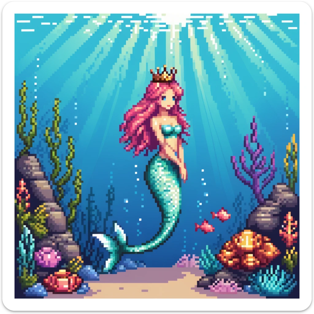 Dark brown skin mermaid princess with crown and shimmering tail in underwater kingdom sticker