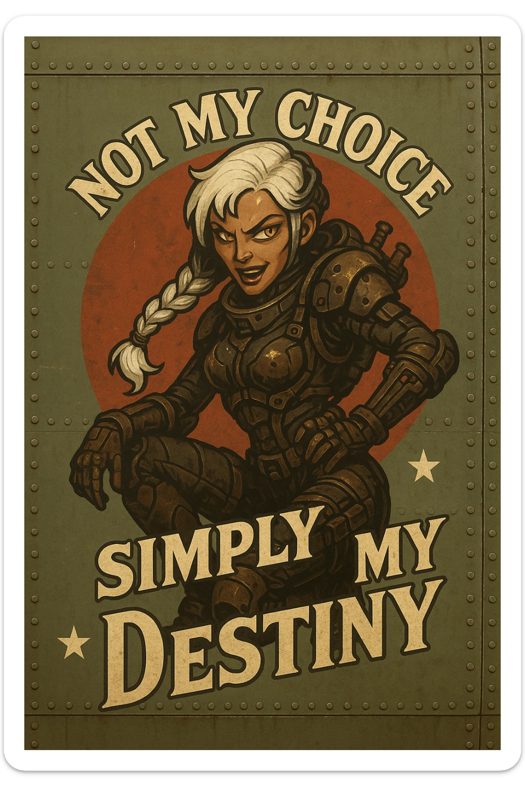 a retro military pinup fuselage decoration for the motto " not my choice, simply my destiny "
; female figure young and gorgeous, white hair 1 braid, gold yellow eyes, spacer, fierce, exo-rogue, menacing yet taunting sticker