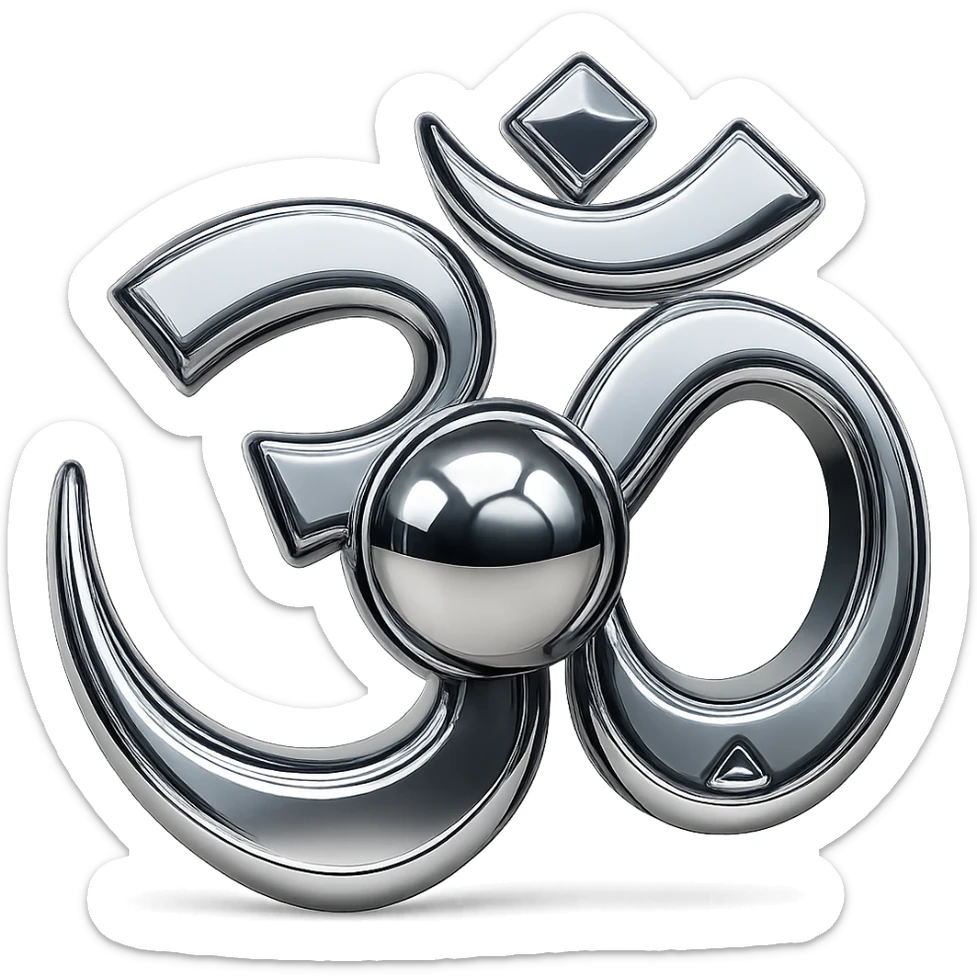 Place a reflective chrome sphere in the center of the Om sign, keep the style highly metallic and polished, with no background. sticker