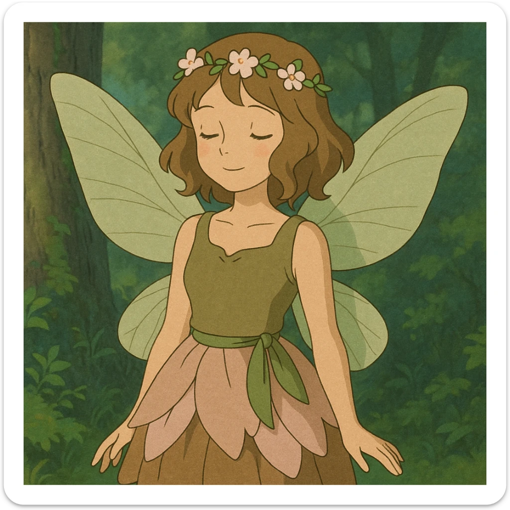 fairycore girl with brown, light pink, and green fairy clothes and wings, light brown hair, dreamy and enchanting, ghibli-inspired style sticker