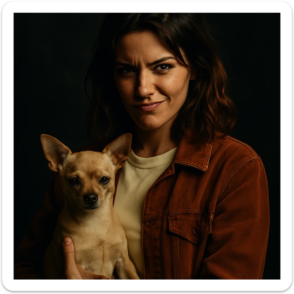portrait style Netflix series, woman with tanned skin, subtle freckles, pale yellow shirt color #FFF8CA, rust-colored jacket, medium-length brown hair with auburn highlights, rebellious and playful expression, holding a beige-brown chihuahua, dark background, dramatic atmosphere, cinematic lighting sticker