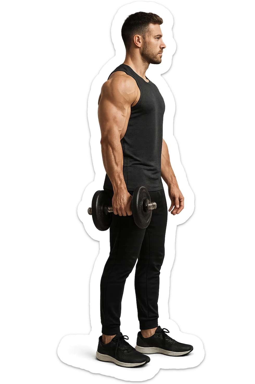 uomo fitness di profilo a figura intera con manubrio da palestra in mano, iperrealistico 4k sticker