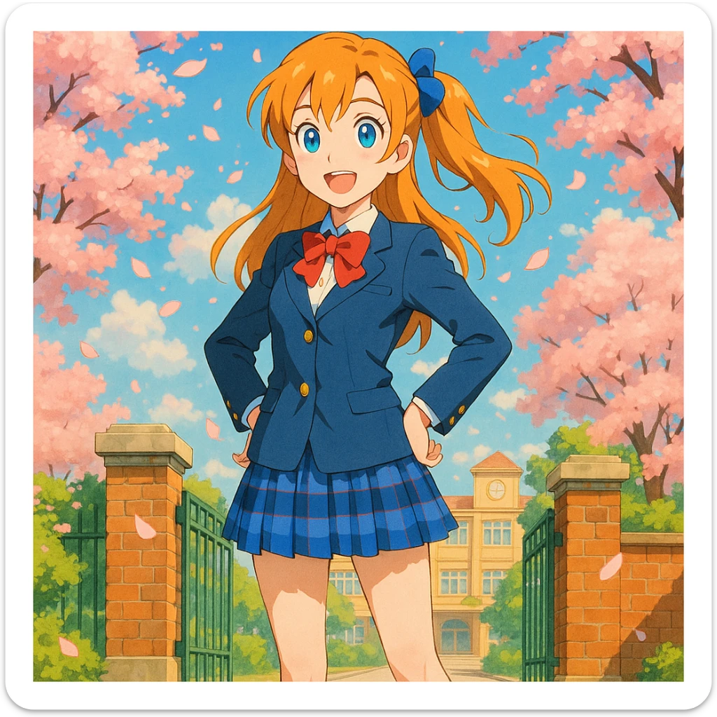 bright and cheerful anime schoolgirl standing confidently in front of her school gate during spring, cherry blossoms fluttering around, long light orange hair in a side ponytail with a blue ribbon, expressive blue eyes, warm smile, classic Japanese high school uniform with navy blue blazer, white blouse, red ribbon bow, blue checkered skirt, knee-high navy socks, brown loafers, vibrant 2D anime style inspired by Love Live!, lively background with high attention to color and lighting sticker
