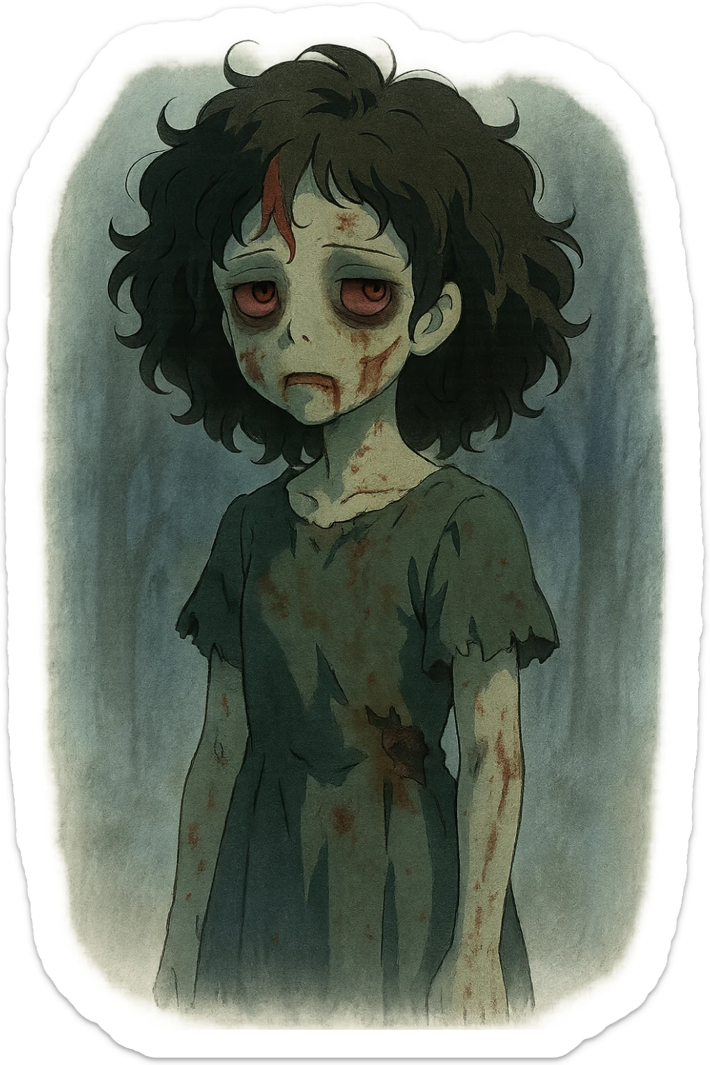 ghibli style of a zombie girl with curly black hair and red streaks, mysterious atmosphere, transparent background sticker