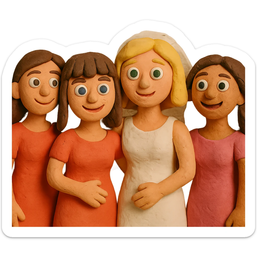 bachelorette party group of 4 girls, one with brown hair, blue eyes, fringe; two with brown hair; one bride with green eyes, blonde shoulder-length hair sticker