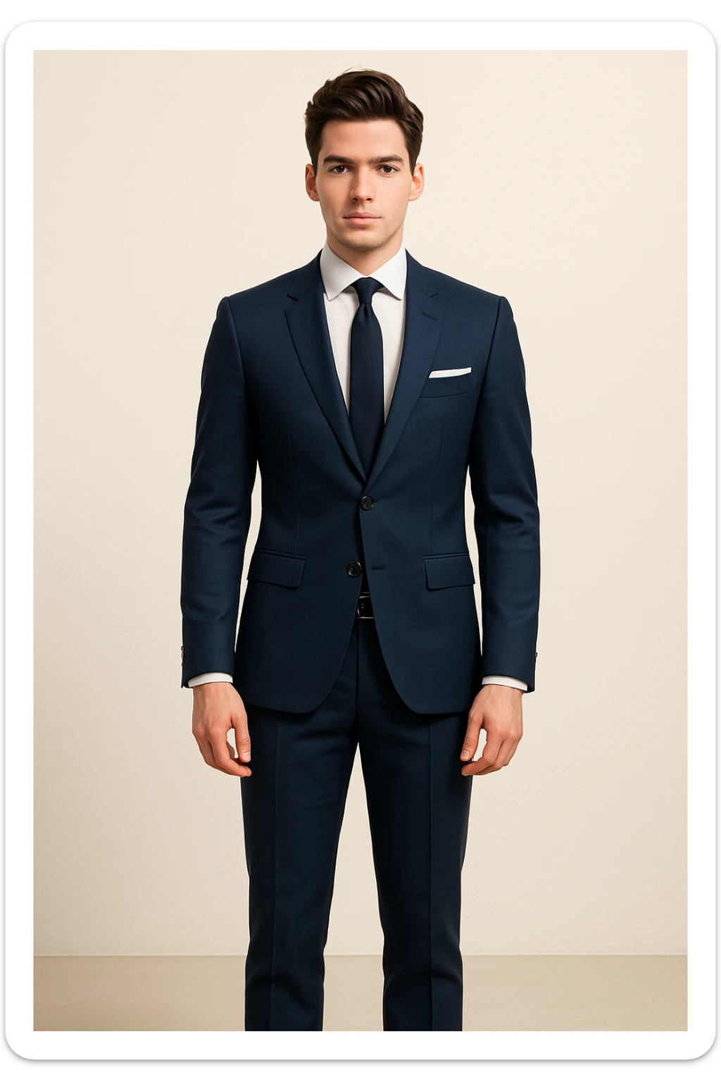 Full-body portrait of the same young man: elegant hairstyle, confident, fitted navy blue suit, white shirt, black tie, pocket square. Standing straight, arms relaxed at sides. Clean background, modern business look, sharp lines, consistent lighting, matching previous style and character. sticker