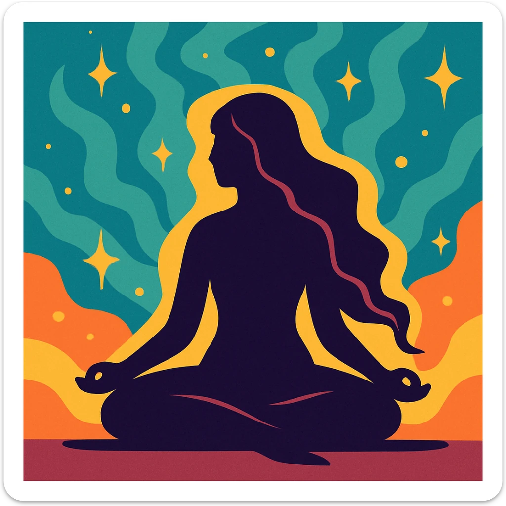 silhouette of a figure with flowing curves, radiating stillness and mystery, surrounded by shimmering energy sticker