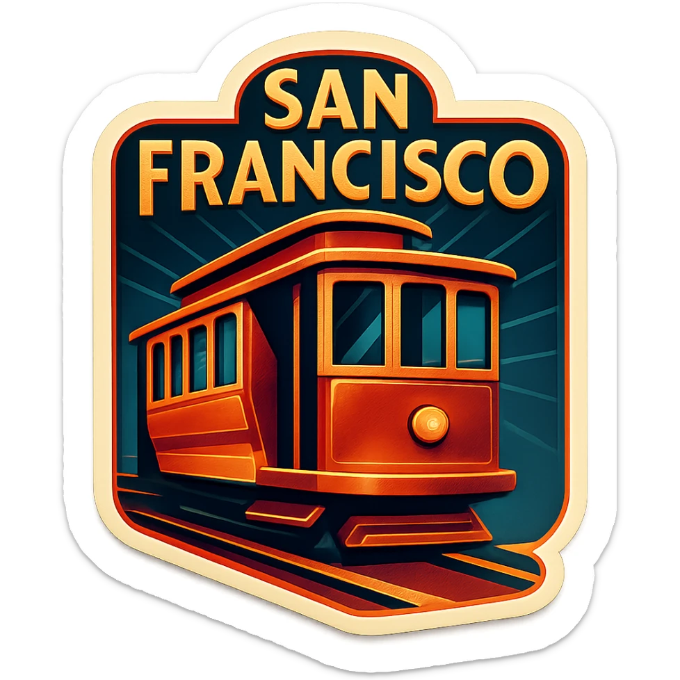 San Francisco logo in retro art deco style, incorporating a cable car, streamlined forms, and classic 1920s color scheme sticker