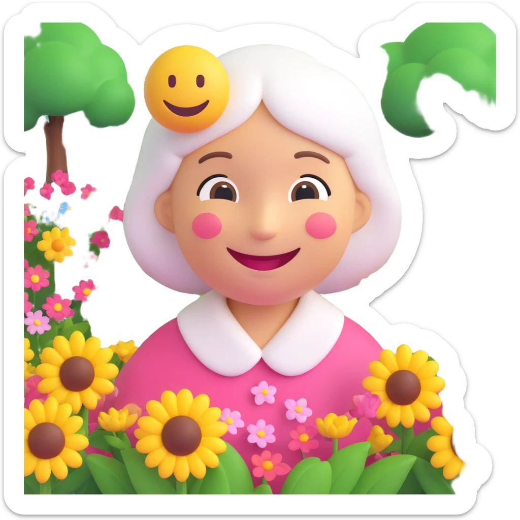 3D smiley emoji, round shape, grandmother in a flower garden, yellow color, smiling face sticker