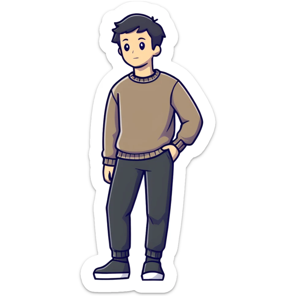 full body lean male figure wearing a sweater and pants, average build, not muscular, standing pose sticker