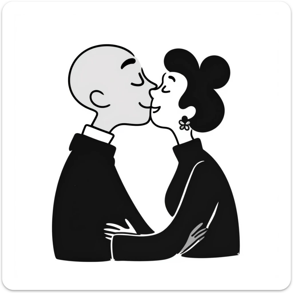 black bald man kissing white woman with short dark hair, hand drawn doodle style sticker