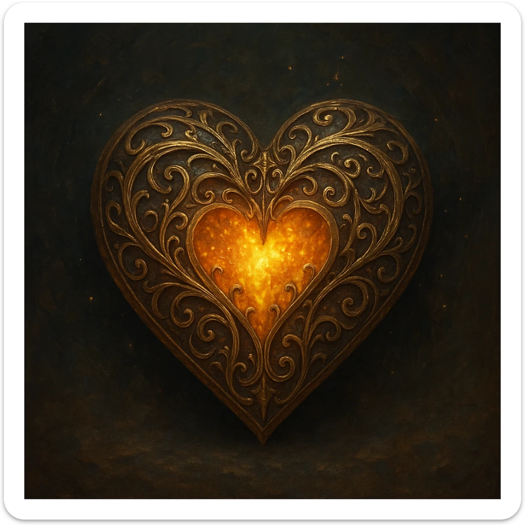 heart in a fantasy style, ancient artifact look, gold filigree, glowing center sticker