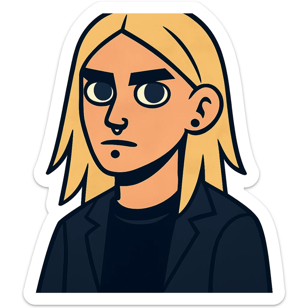 boy with long light blonde hair, dark blue eyes, facial piercings, all black clothing sticker