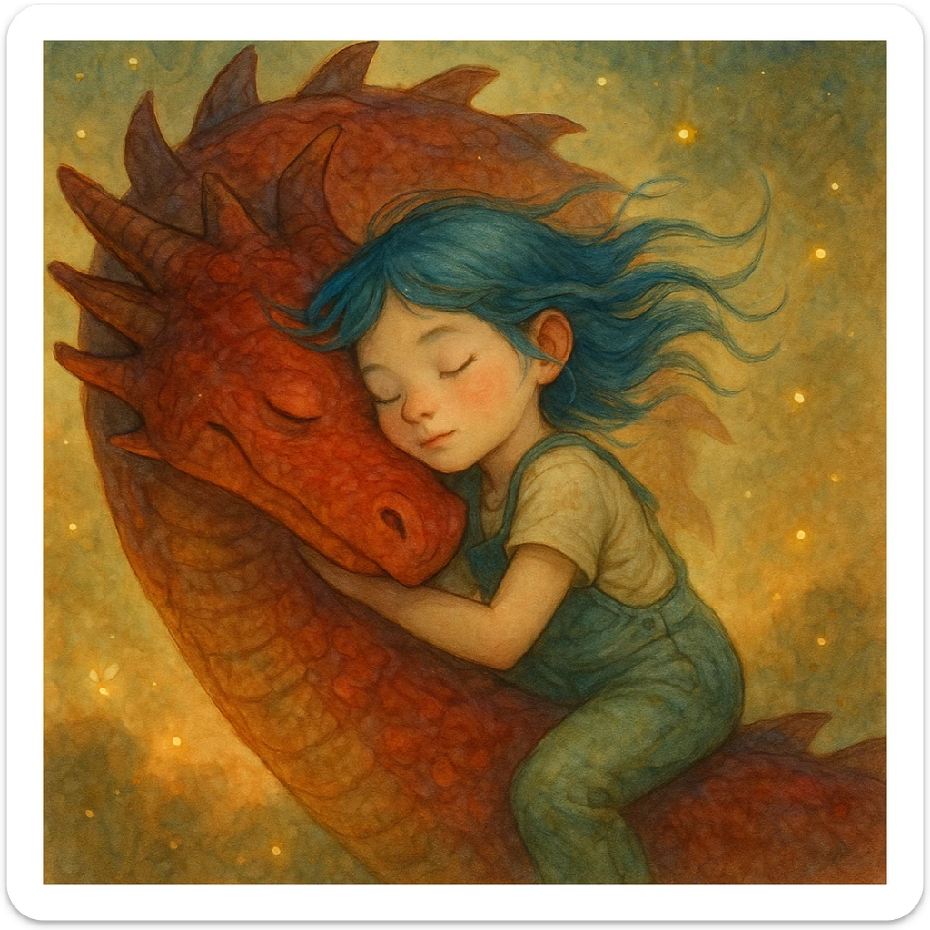A dreamy, ethereal illustration of a young girl peacefully sleeping on the long, curved neck of a red dragon, cheek to cheek. Her blue hair flows gently as if caught in a soft breeze, and she wears delicate green overalls. The dragon’s skin has intricate, painterly textures, glowing subtly under the warm, golden light. Tiny fireflies and soft, ambient light enhance the magical atmosphere. Highly detailed, whimsical, children's book illustration style, with soft yet rich colors, gentle lighting, and a fantasy storytelling feel. Watercolor-like textures, hand-painted aesthetics, cinematic composition. sticker