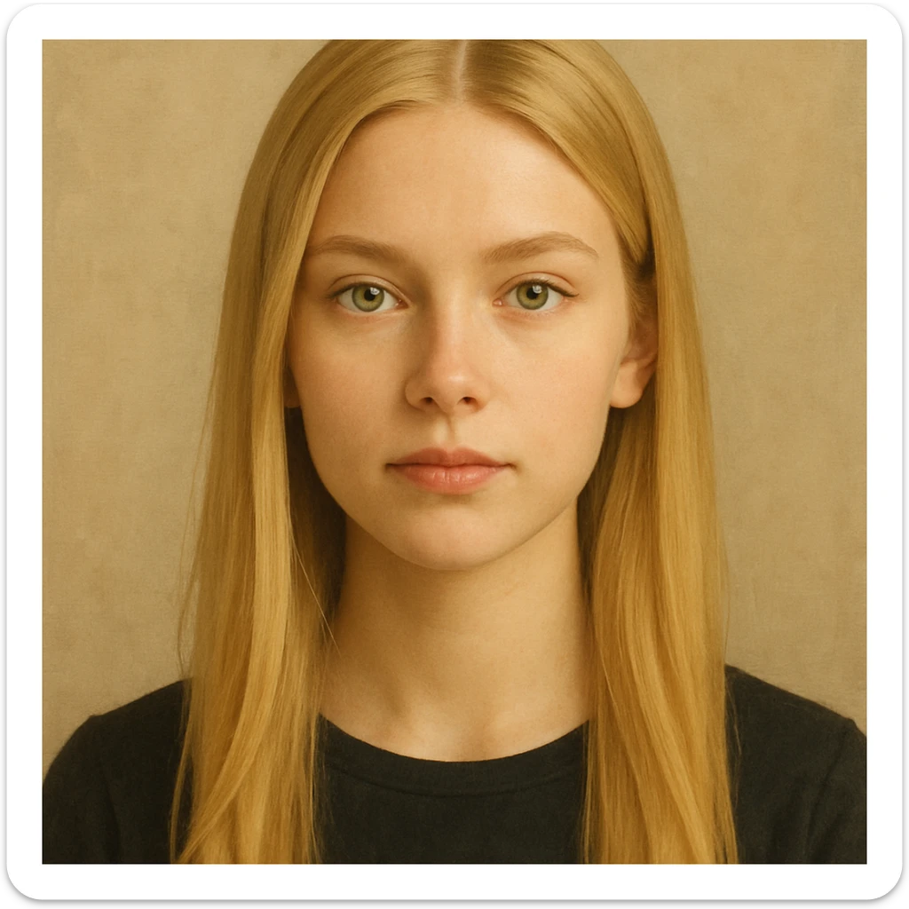 blonde girl, long straight hair, green eyes, simplified realistic style sticker