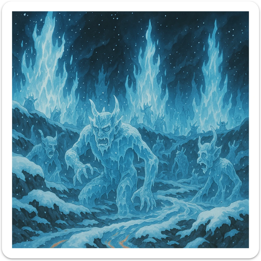 a dramatic scene of hell freezing over, with icy flames, frozen demons, and snow-covered lava, in ghibli style, highly detailed, atmospheric sticker