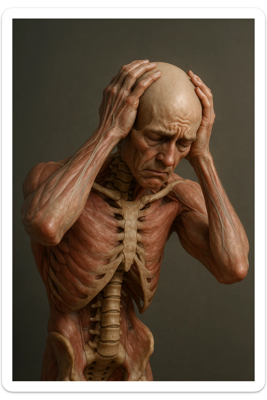 CORPO UMANO ANATOMICO con spina dorsale in evidenza, molto stanca e stressata mentre si tiene le mani sulla testa, IPERREALISTICO 4K sticker