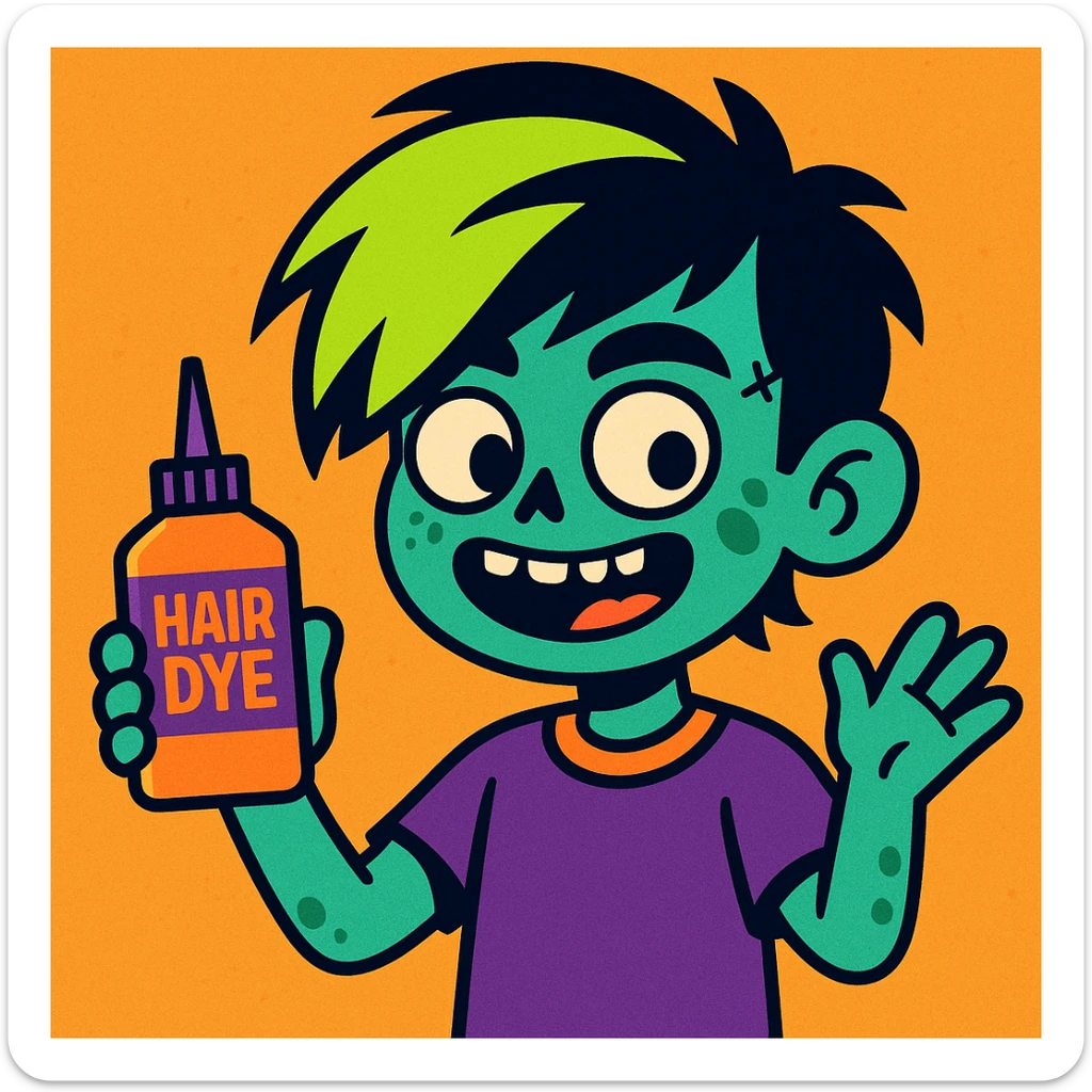 zombie boy with black and neon green emo hair, holding hair dye, playful, cartoonish sticker