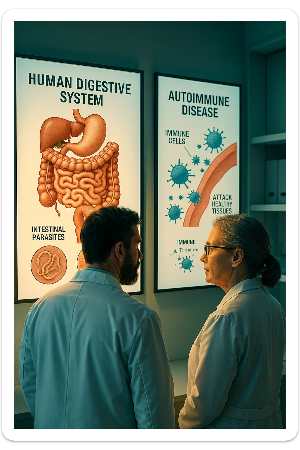 In italiano Realistic, detailed photo taken from behind of two doctors—a bearded man and a middle-aged woman—standing side by side in a modern medical office, intently studying a large, illuminated medical chart on the wall. The chart displays a detailed diagram of the human digestive system, highlighting the intestines and showing microscopic images of intestinal parasites. Next to it, another chart illustrates the immune system attacking healthy tissues, visually connecting gut parasites to autoimmune disease mechanisms. The room is bathed in a single green-blue color, with a warm, yellow-orange light casting soft shadows around the doctors. Both wear white coats and have serious, focused expressions, suggesting a deep discussion about the root causes of autoimmune conditions. Shot with a Canon EOS R5, with high detail, natural depth of field, and a clinical yet dramatic atmosphere. sticker