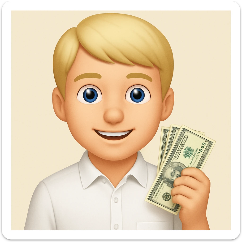 Emoji style, blonde man, blue eyes, white shirt, holding money, no facial hair sticker