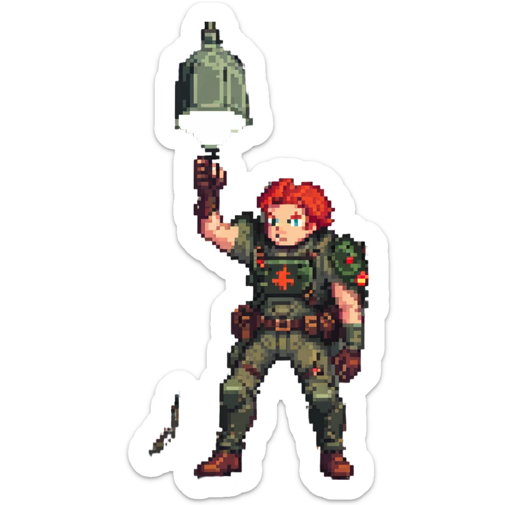 a SNES box art image of a man in military gear disarming a IED inside of a toolshed, dramatic single overhead lamp, he has red hair and a face like retro doomguy sticker